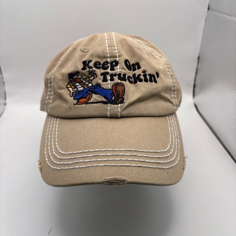 KBETHOS Vintage Keep On Truckin Hat Tan Distressed Contrast Stitch Dad Cap